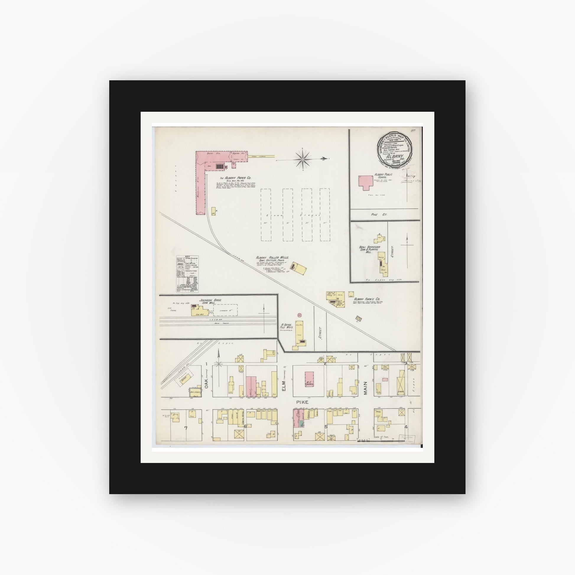 Old map wall art mockup — black gallery frame with white mat — Sanborn Fire Insurance Map from Albany, Delaware County, Indiana (1892), Sheet #0001