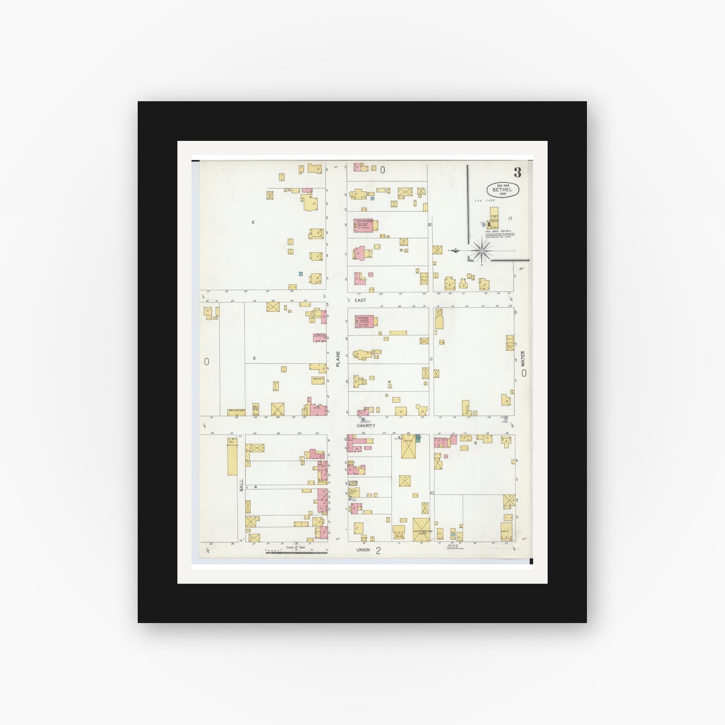 Old map wall art mockup — black gallery frame with white mat — Sanborn Fire Insurance Map from Bethel, Clermont County, Ohio (1904), Sheet #0003
