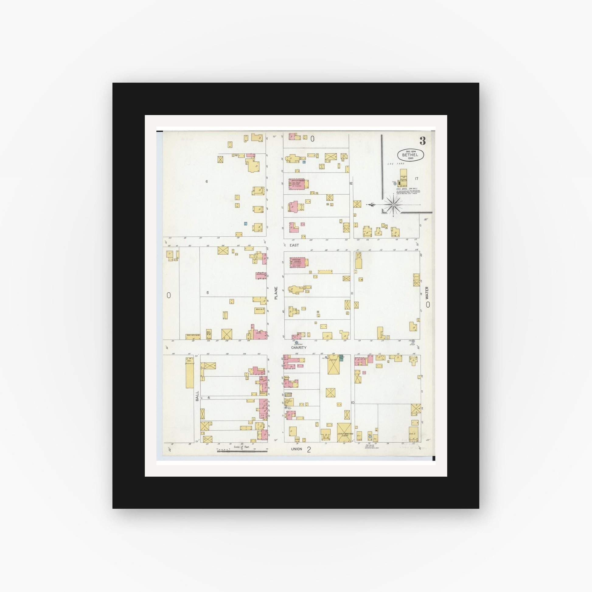 Old map wall art mockup — black gallery frame with white mat — Sanborn Fire Insurance Map from Bethel, Clermont County, Ohio (1904), Sheet #0003