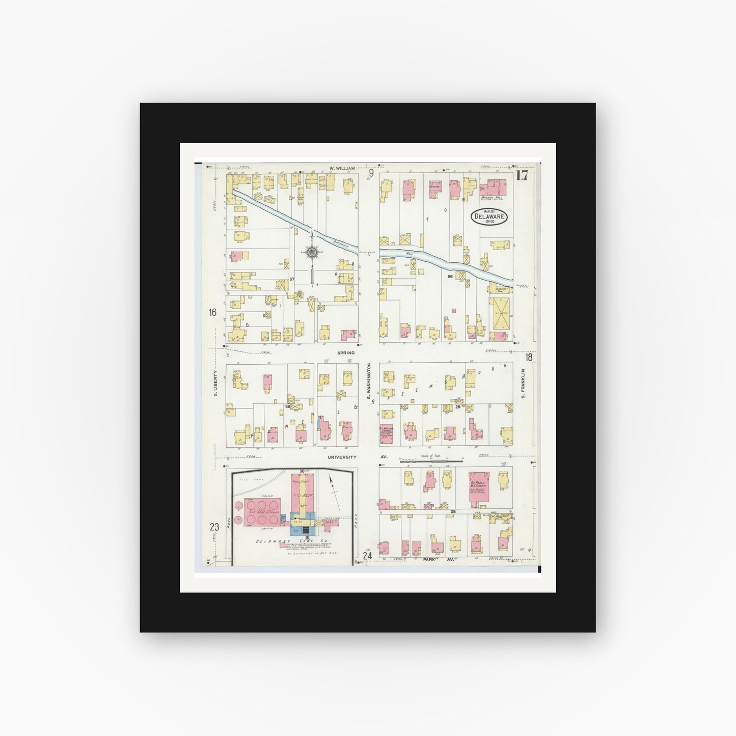 Old map wall art mockup — black gallery frame with white mat — Sanborn Fire Insurance Map from Delaware, Delaware County, Ohio (1911), Sheet #0017