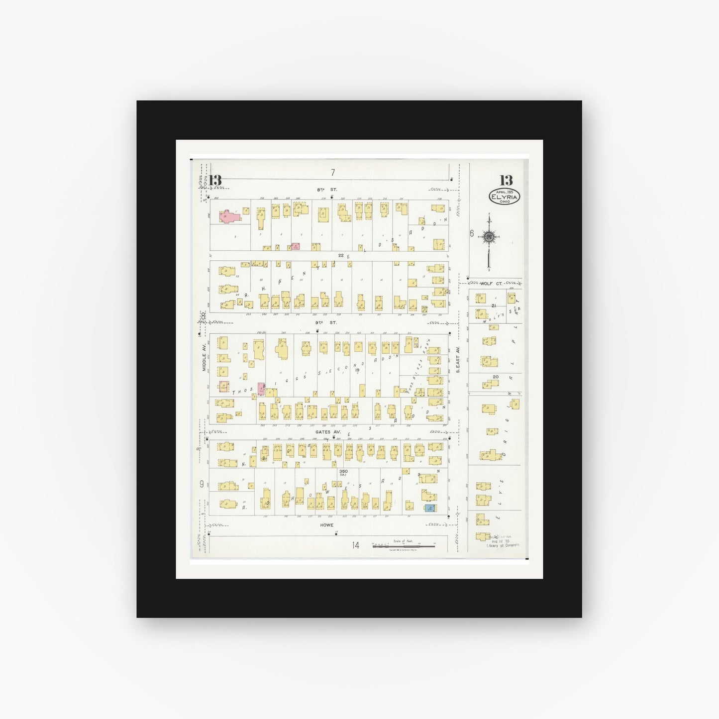 Old map wall art mockup — black gallery frame with white mat — Sanborn Fire Insurance Map from Elyria, Lorain County, Ohio (1925), Sheet #0013
