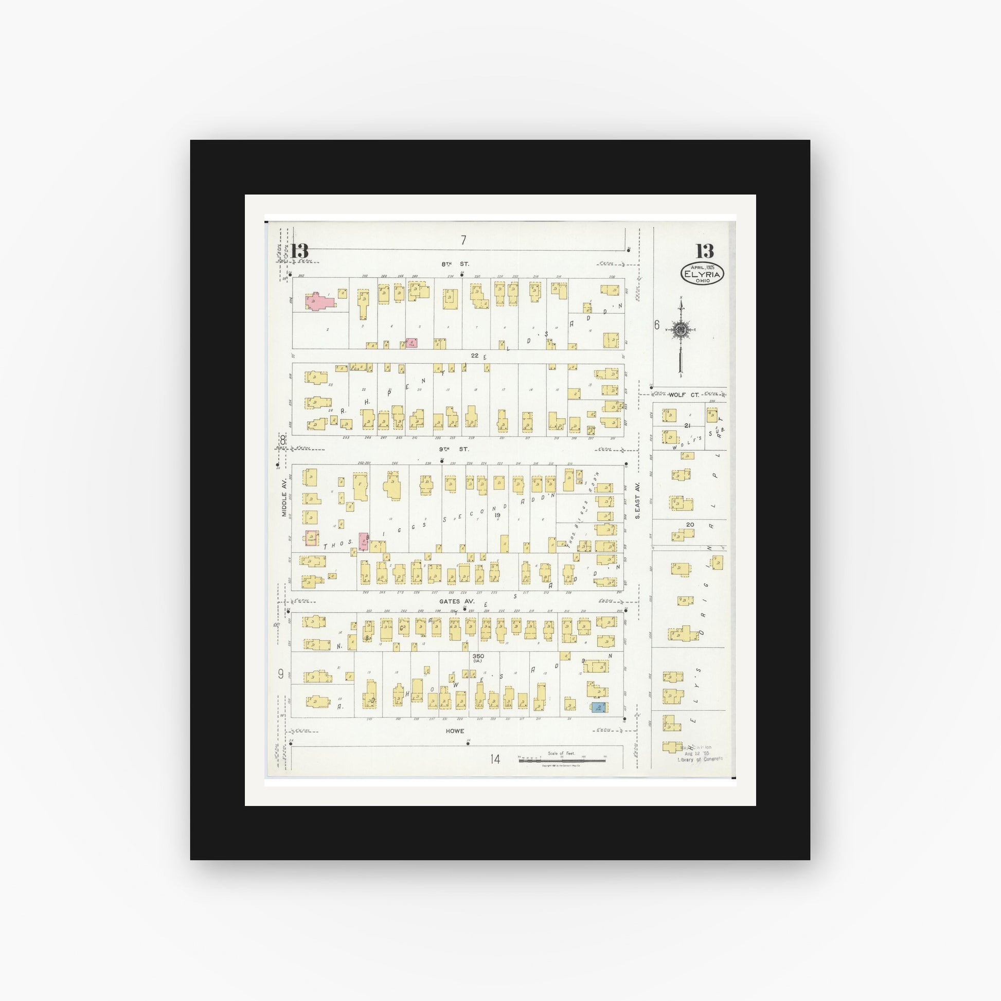 Old map wall art mockup — black gallery frame with white mat — Sanborn Fire Insurance Map from Elyria, Lorain County, Ohio (1925), Sheet #0013