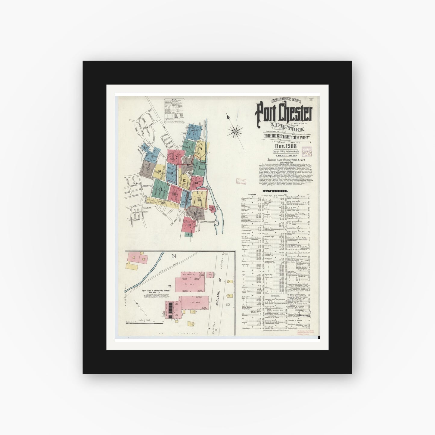 Old map wall art mockup — black gallery frame with white mat — Sanborn Fire Insurance Map from Port Chester, Westchester County, New York (1908), Sheet #0001