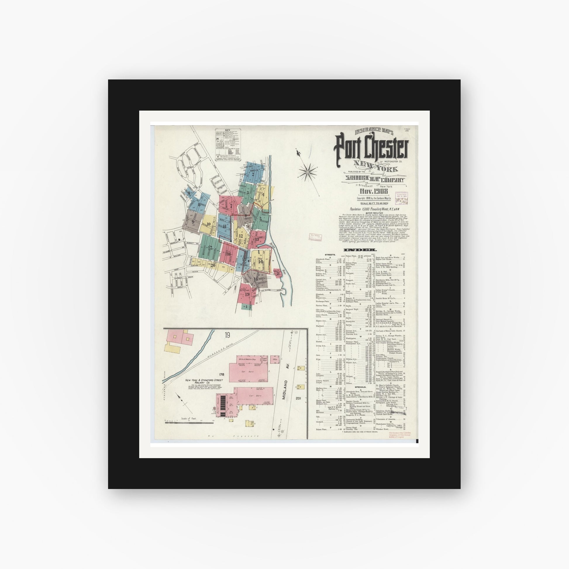 Old map wall art mockup — black gallery frame with white mat — Sanborn Fire Insurance Map from Port Chester, Westchester County, New York (1908), Sheet #0001