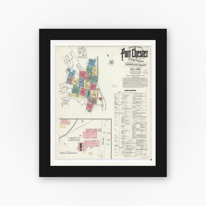 Old map wall art mockup — black gallery frame with white mat — Sanborn Fire Insurance Map from Port Chester, Westchester County, New York (1908), Sheet #0001