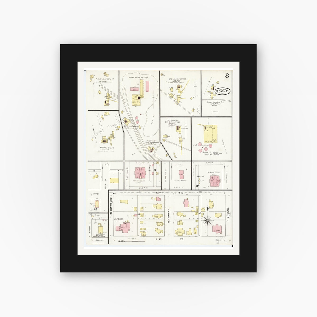 Old map wall art mockup — black gallery frame with white mat — Sanborn Fire Insurance Map from Boone, Boone County, Iowa (1894), Sheet #0008