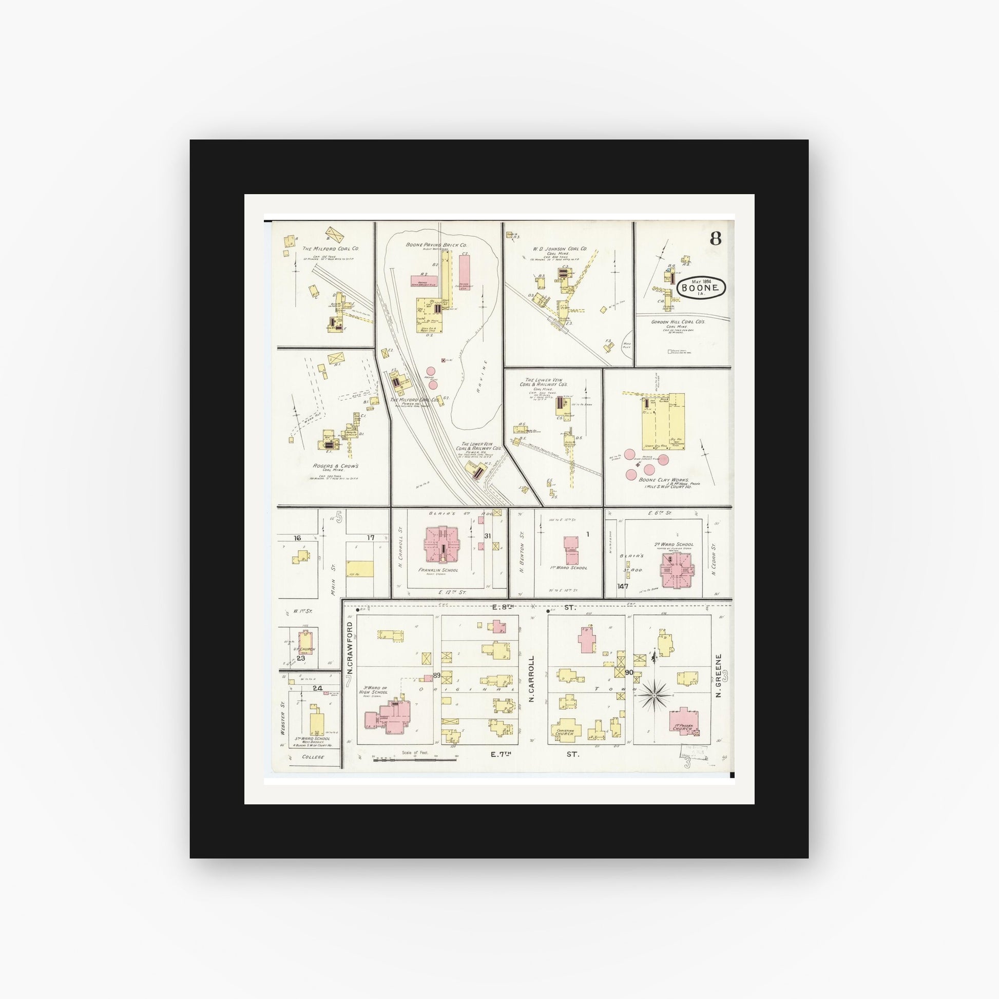 Old map wall art mockup — black gallery frame with white mat — Sanborn Fire Insurance Map from Boone, Boone County, Iowa (1894), Sheet #0008