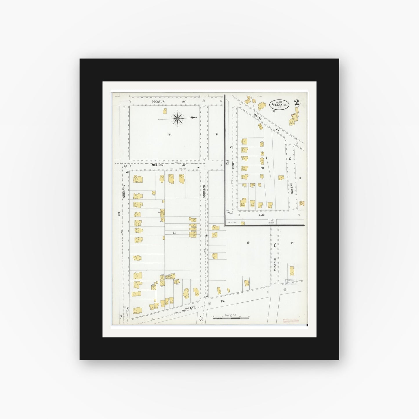 Old map wall art mockup — black gallery frame with white mat — Sanborn Fire Insurance Map from Peekskill, Westchester County, New York (1900) - Complete Map Set