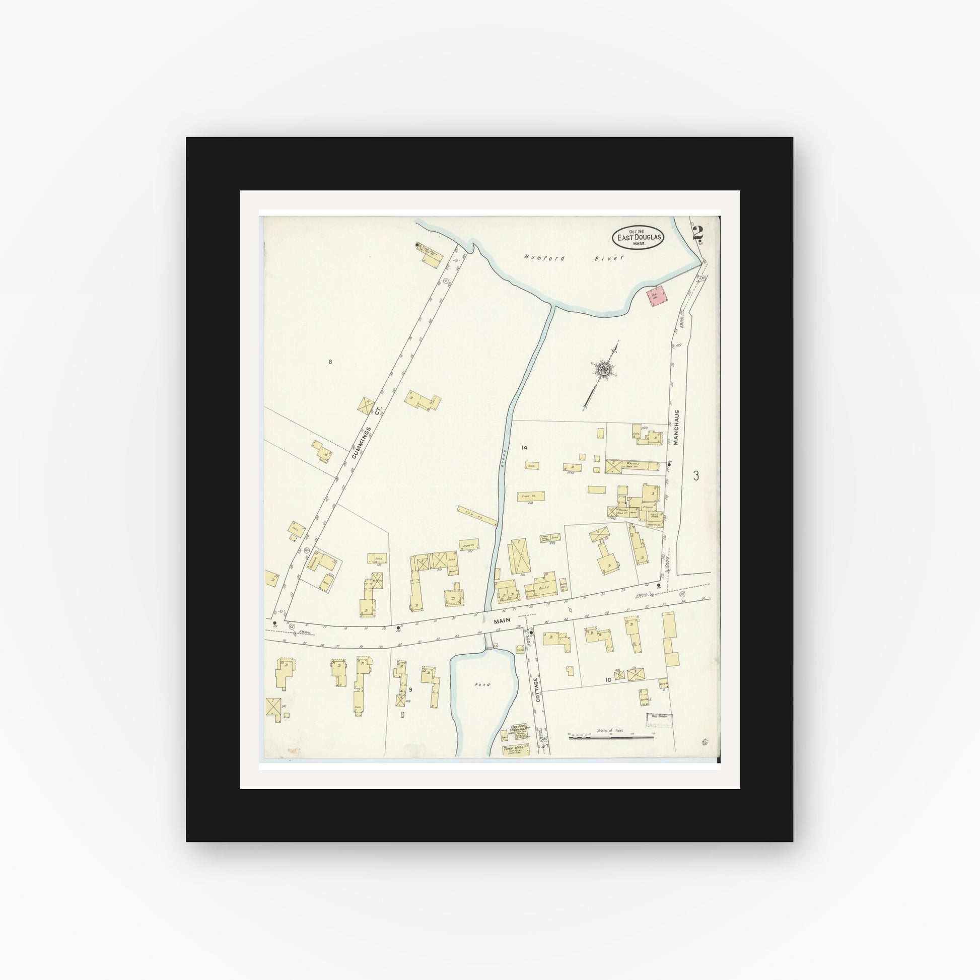 Old map wall art mockup — black gallery frame with white mat — Sanborn Fire Insurance Map from East Douglas, Worcester County, Massachusetts (1911), Sheet #0002