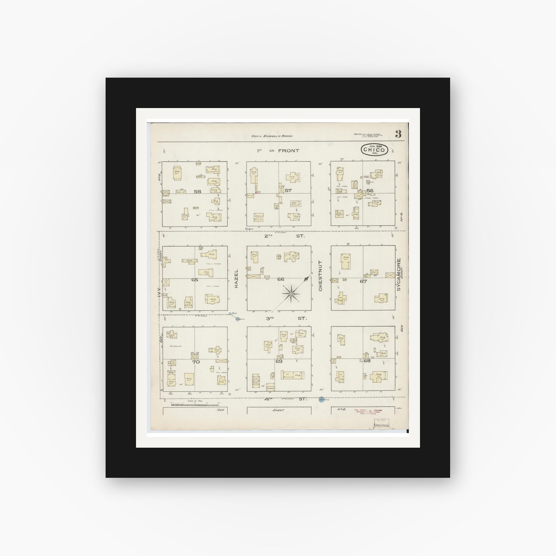Old map wall art mockup — black gallery frame with white mat — Sanborn Fire Insurance Map from Chico, Butte County, California (1886), Sheet #0003
