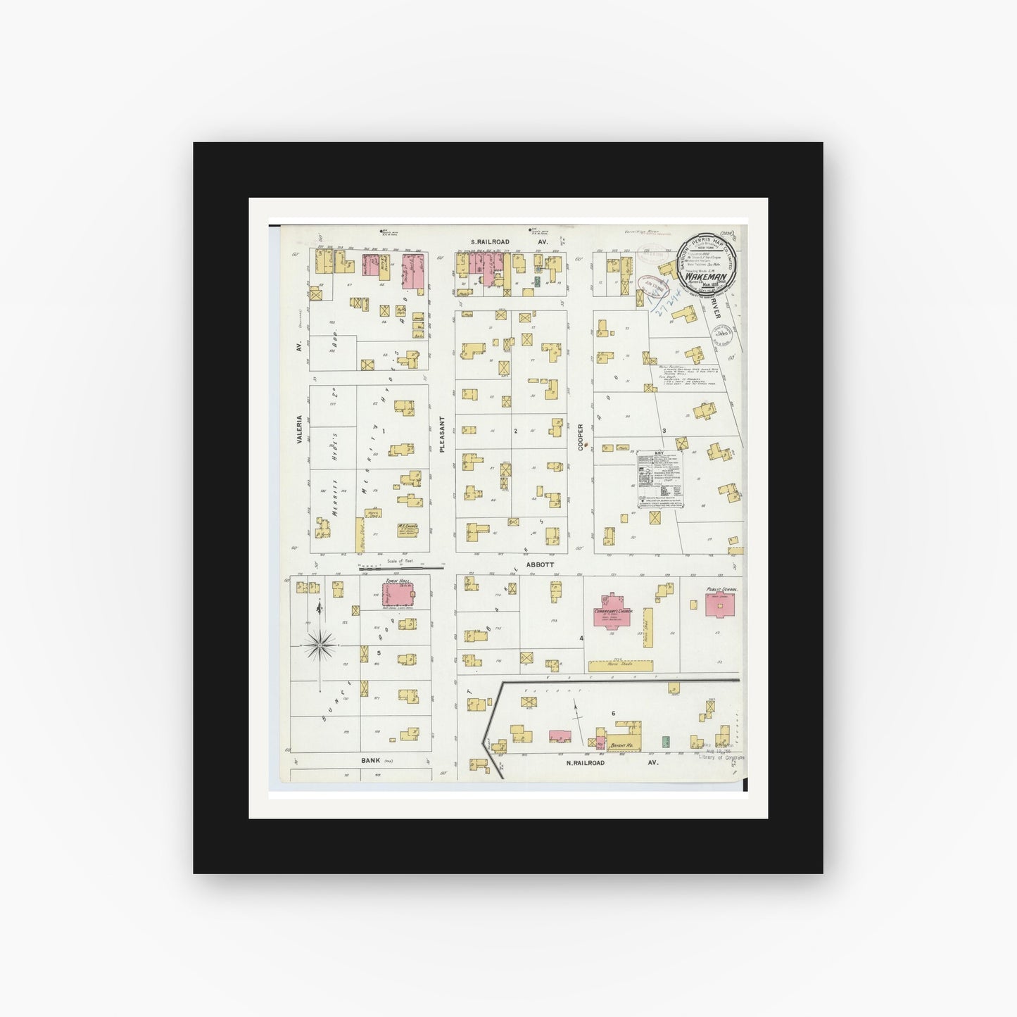Old map wall art mockup — black gallery frame with white mat — Sanborn Fire Insurance Map from Wakeman, Huron County, Ohio (1899), Sheet #0001