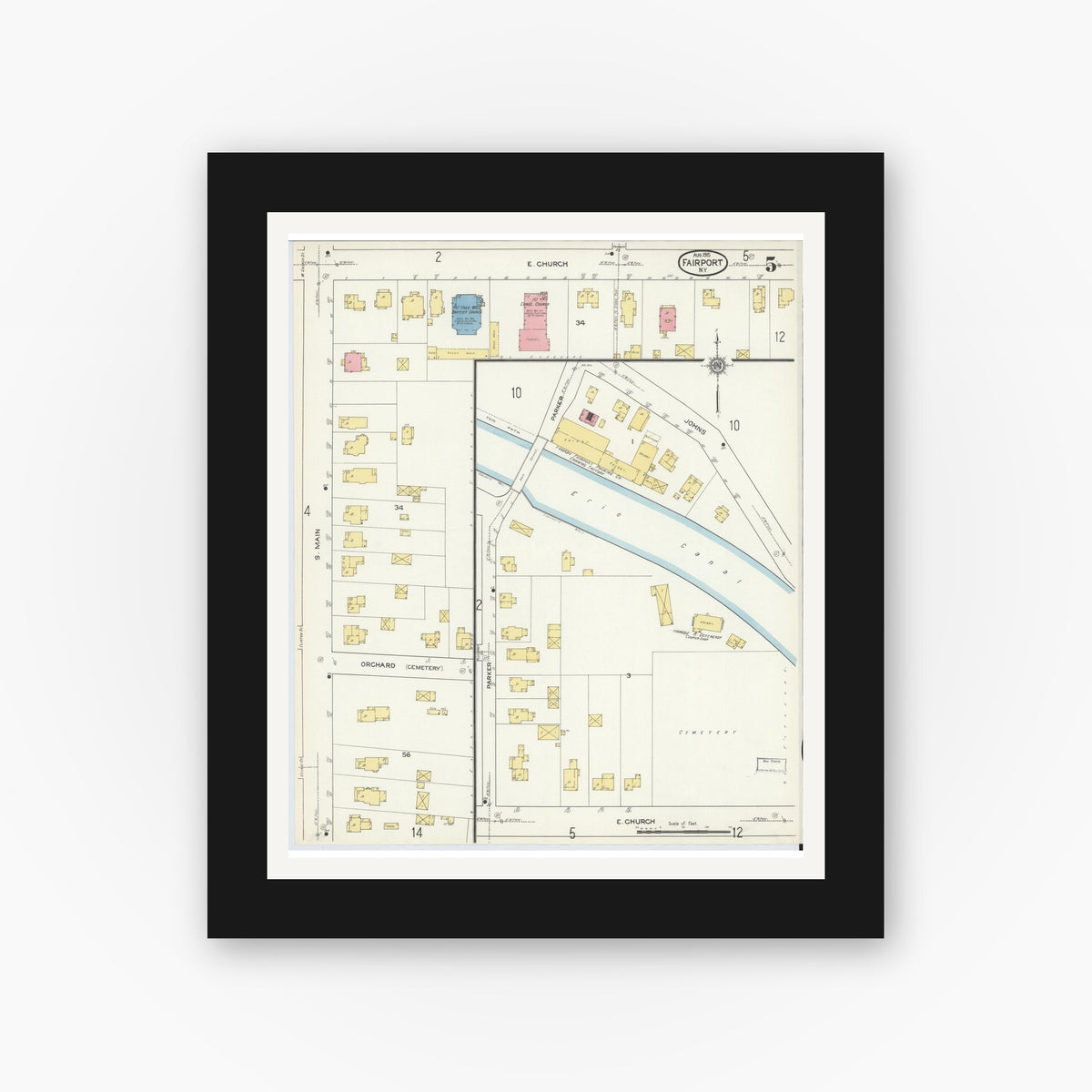 Old map wall art mockup — black gallery frame with white mat — Sanborn Fire Insurance Map from Fairport, Monroe County, New York (1915), Sheet #0005