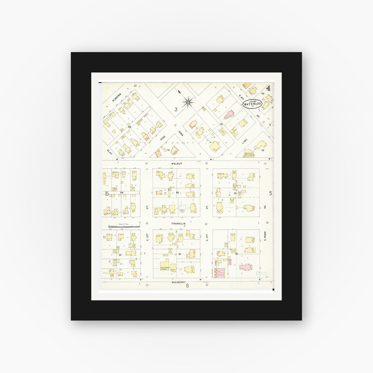Old map wall art mockup — black gallery frame with white mat — Sanborn Fire Insurance Map from Waterloo, Black Hawk County, Iowa (1897), Sheet #0004