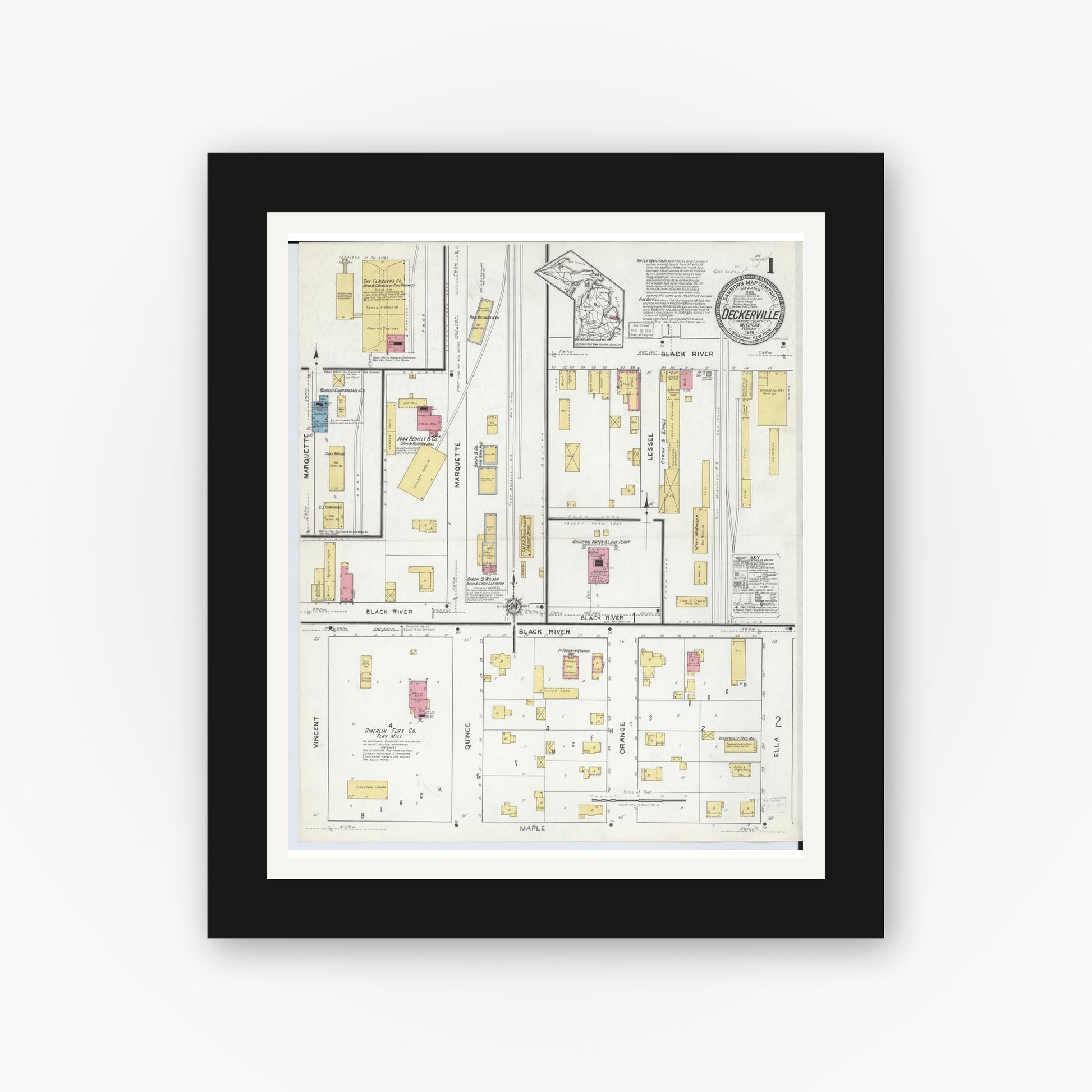 Old map wall art mockup — black gallery frame with white mat — Sanborn Fire Insurance Map from Deckerville, Sanilac County, Michigan (1919), Sheet #0001