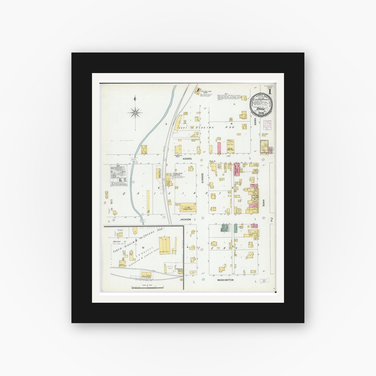 Old map wall art mockup — black gallery frame with white mat — Sanborn Fire Insurance Map from Orion, Henry County, Illinois (1901), Sheet #0001