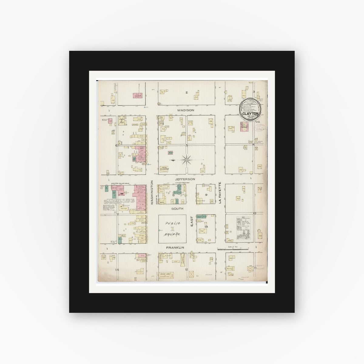 Old map wall art mockup — black gallery frame with white mat — Sanborn Fire Insurance Map from Clayton, Adams County, Illinois (1885), Sheet #0001
