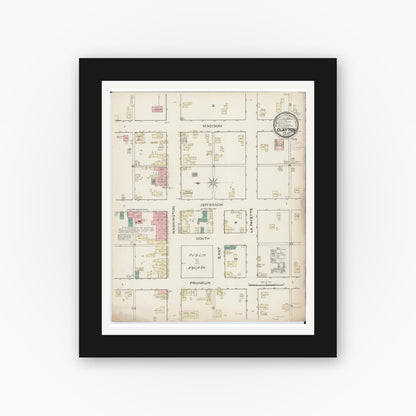 Old map wall art mockup — black gallery frame with white mat — Sanborn Fire Insurance Map from Clayton, Adams County, Illinois (1885), Sheet #0001