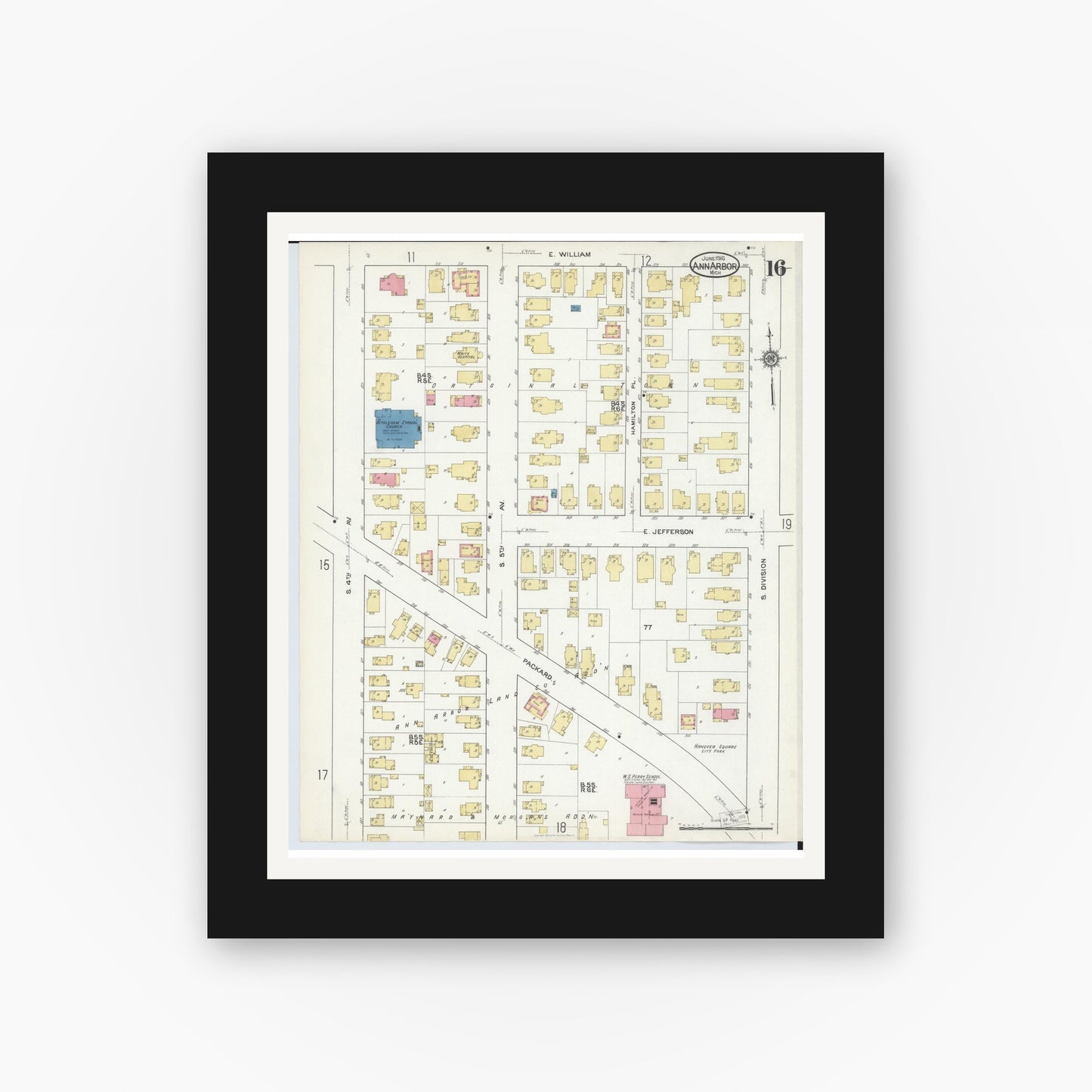 Old map wall art mockup — black gallery frame with white mat — Sanborn Fire Insurance Map from Ann Arbor, Washtenaw County, Michigan (1916), Sheet #0016