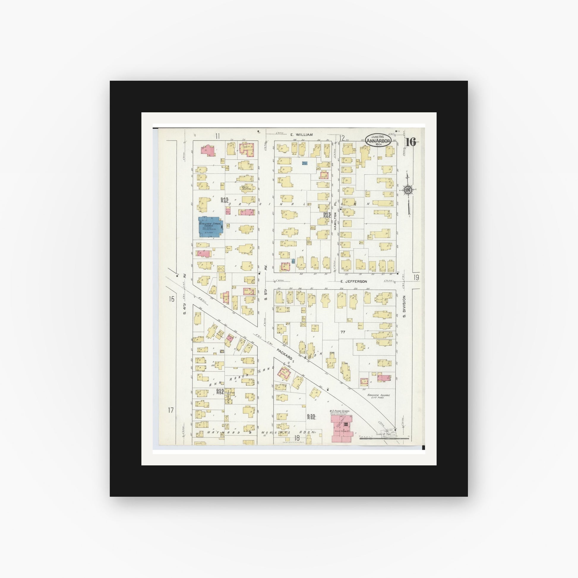 Old map wall art mockup — black gallery frame with white mat — Sanborn Fire Insurance Map from Ann Arbor, Washtenaw County, Michigan (1916), Sheet #0016