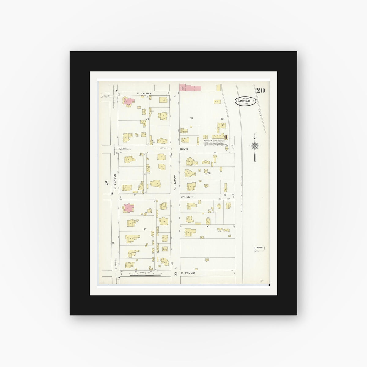 Old map wall art mockup — black gallery frame with white mat — Sanborn Fire Insurance Map from Gainesville, Cooke County, Texas (1913), Sheet #0020