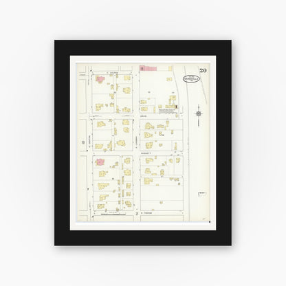 Old map wall art mockup — black gallery frame with white mat — Sanborn Fire Insurance Map from Gainesville, Cooke County, Texas (1913), Sheet #0020