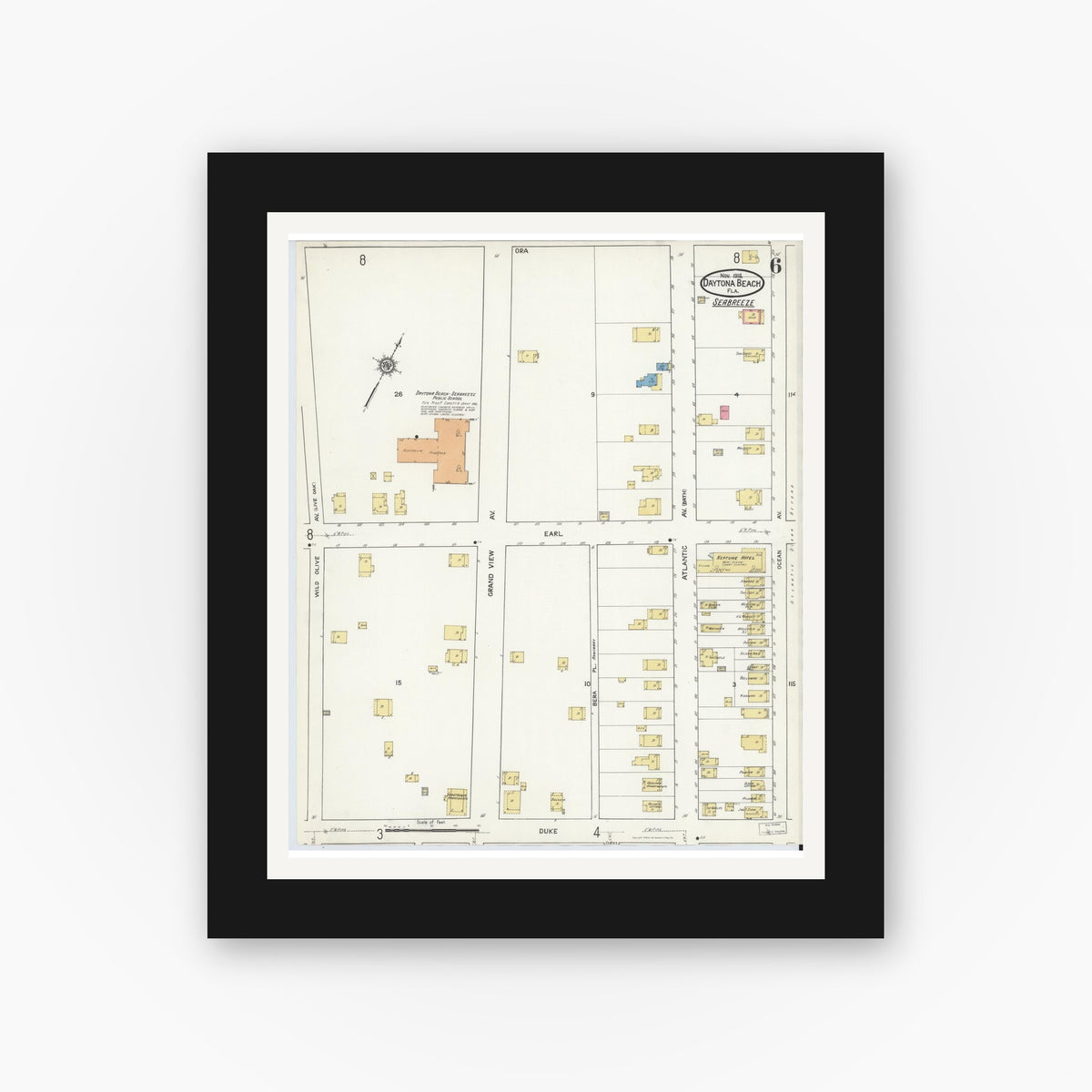 Old map wall art mockup — black gallery frame with white mat — Sanborn Fire Insurance Map from Daytona Beach, Volusia County, Florida (1916), Sheet #0006