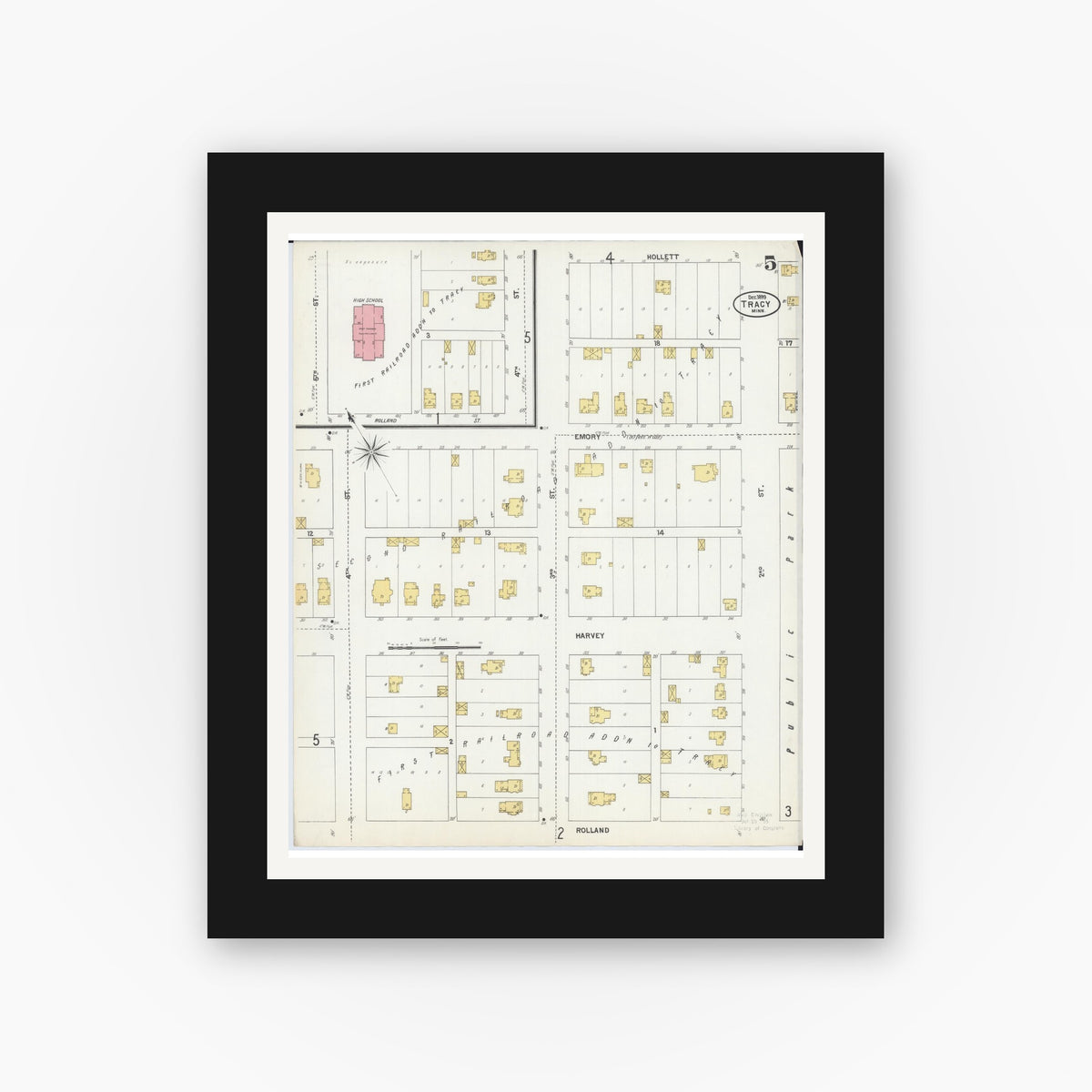 Old map wall art mockup — black gallery frame with white mat — Sanborn Fire Insurance Map from Tracy, Lyon County, Minnesota (1899), Sheet #0005