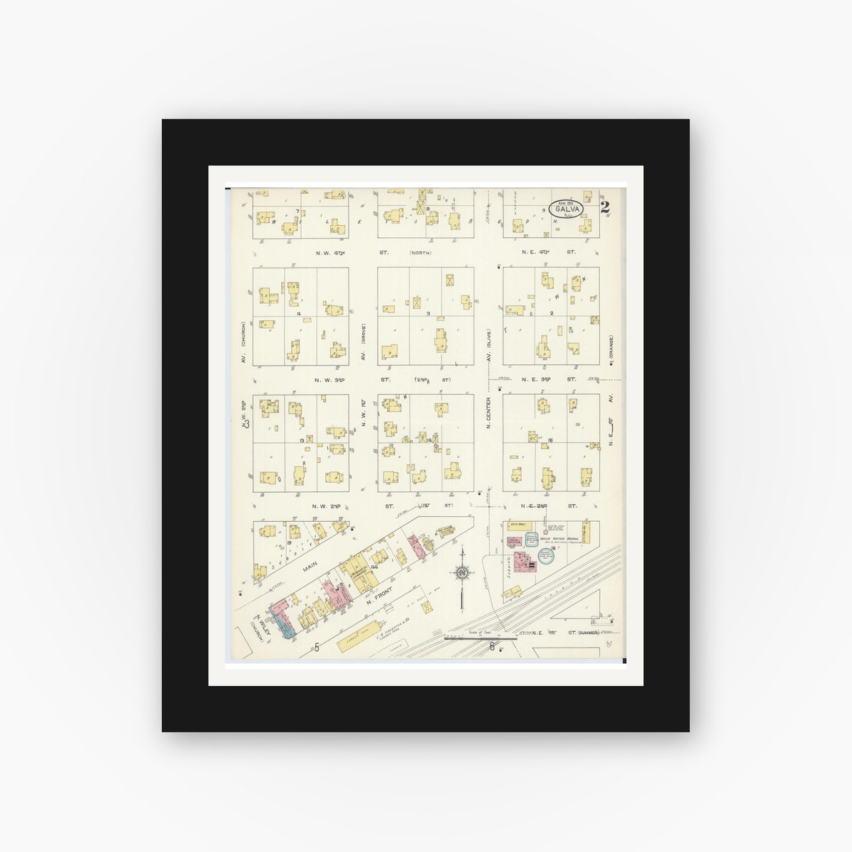Old map wall art mockup — black gallery frame with white mat — Sanborn Fire Insurance Map from Galva, Henry County, Illinois (1913), Sheet #0002