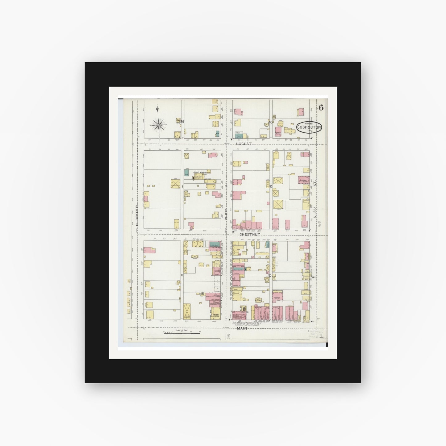 Old map wall art mockup — black gallery frame with white mat — Sanborn Fire Insurance Map from Coshocton, Coshocton County, Ohio (1893), Sheet #0006