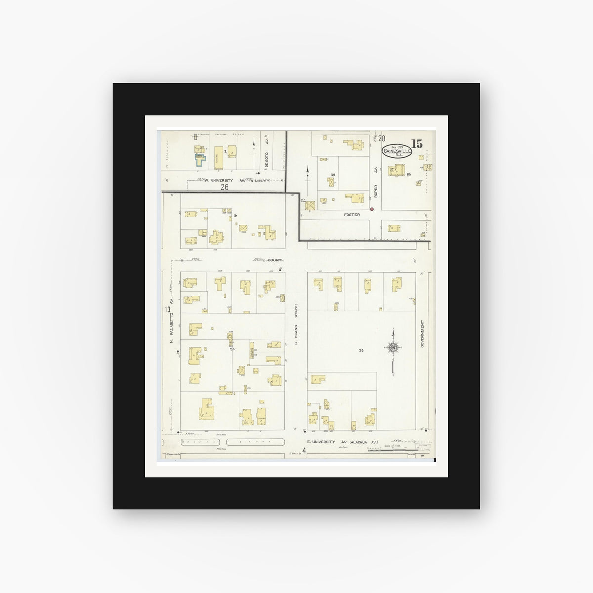 Old map wall art mockup — black gallery frame with white mat — Sanborn Fire Insurance Map from Gainesville, Alachua County, Florida (1913), Sheet #0015