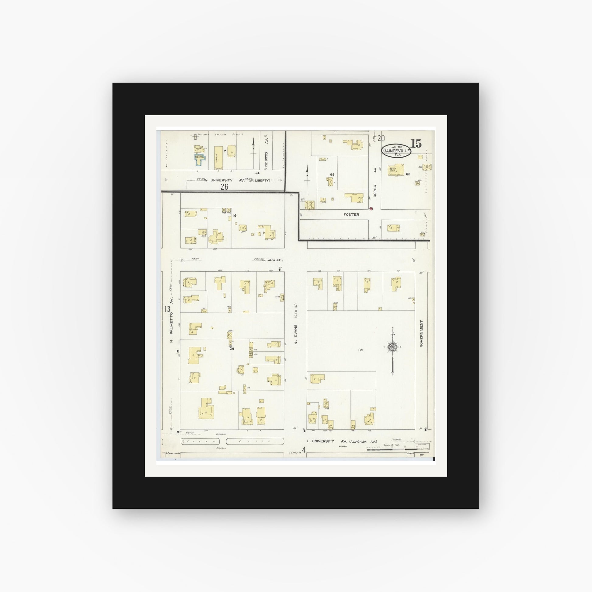 Old map wall art mockup — black gallery frame with white mat — Sanborn Fire Insurance Map from Gainesville, Alachua County, Florida (1913), Sheet #0015