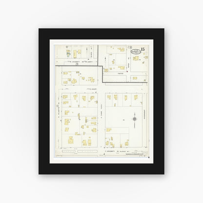 Old map wall art mockup — black gallery frame with white mat — Sanborn Fire Insurance Map from Gainesville, Alachua County, Florida (1913), Sheet #0015