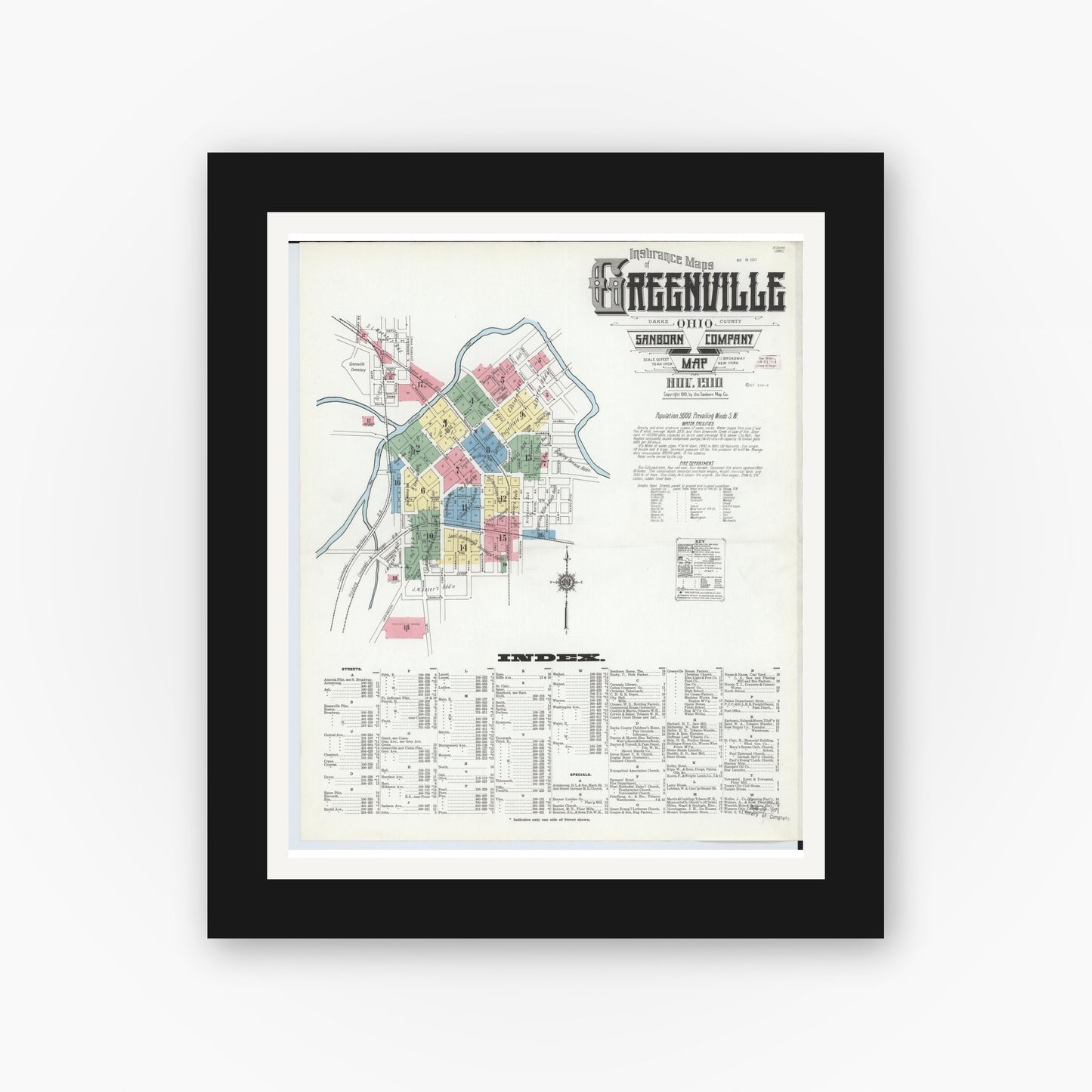 Old map wall art mockup — black gallery frame with white mat — Sanborn Fire Insurance Map from Greenville, Darke County, Ohio (1910), Sheet #0001