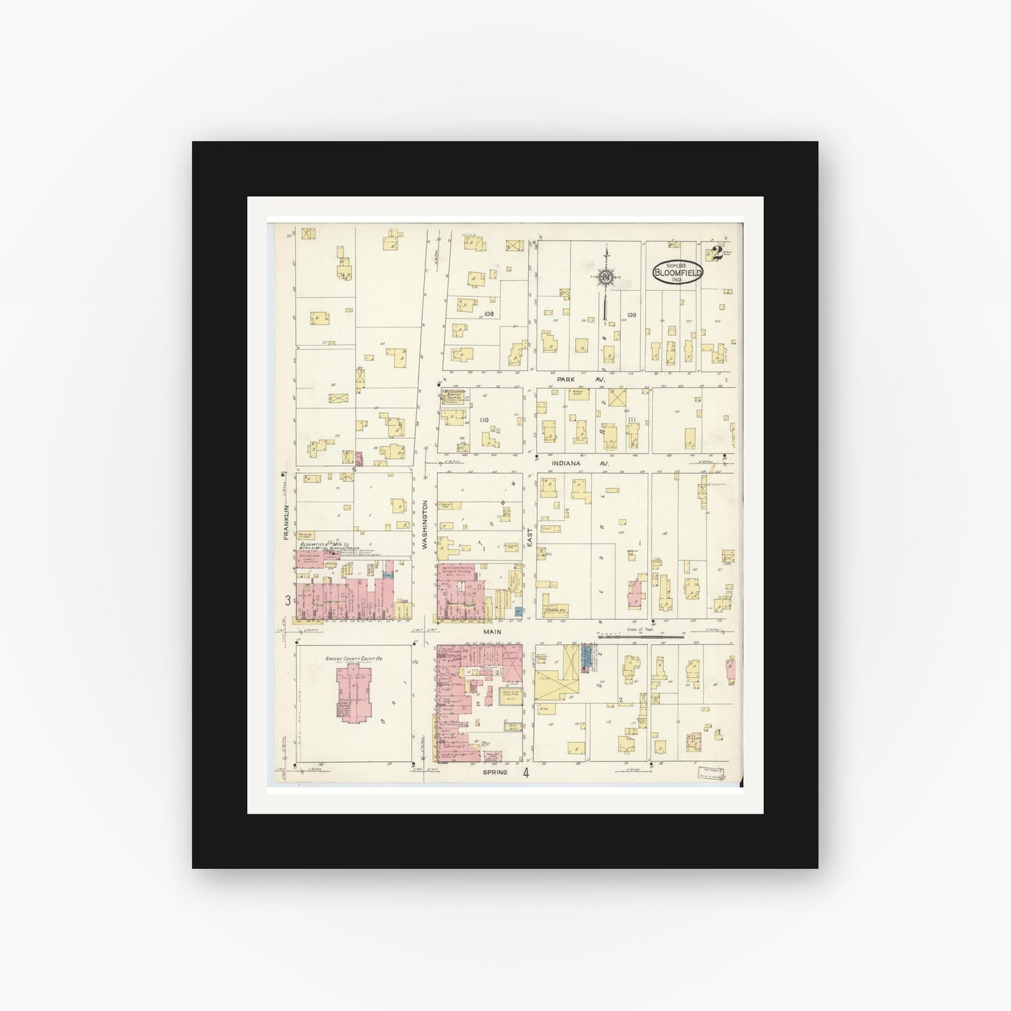 Old map wall art mockup — black gallery frame with white mat — Sanborn Fire Insurance Map from Bloomfield, Greene County, Indiana (1913), Sheet #0002