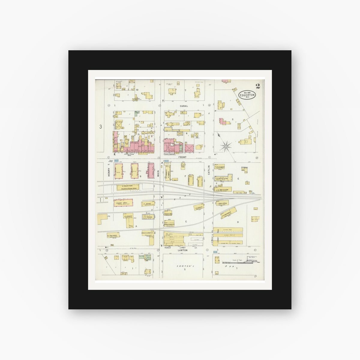Old map wall art mockup — black gallery frame with white mat — Sanborn Fire Insurance Map from Edgerton, Rock County, Wisconsin (1898), Sheet #0002