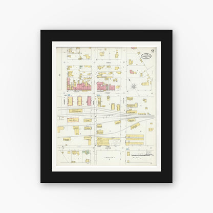 Old map wall art mockup — black gallery frame with white mat — Sanborn Fire Insurance Map from Edgerton, Rock County, Wisconsin (1898), Sheet #0002