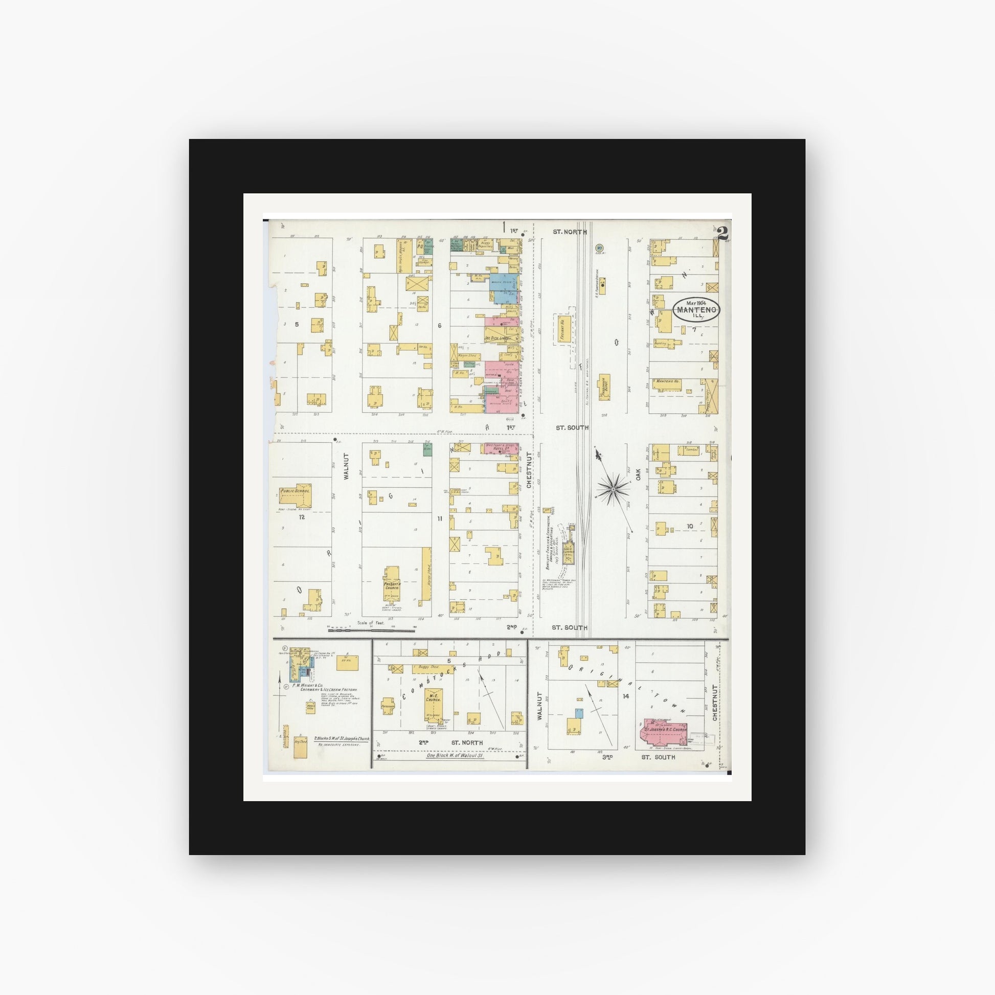 Old map wall art mockup — black gallery frame with white mat — Sanborn Fire Insurance Map from Manteno, Kankakee County, Illinois (1904), Sheet #0002