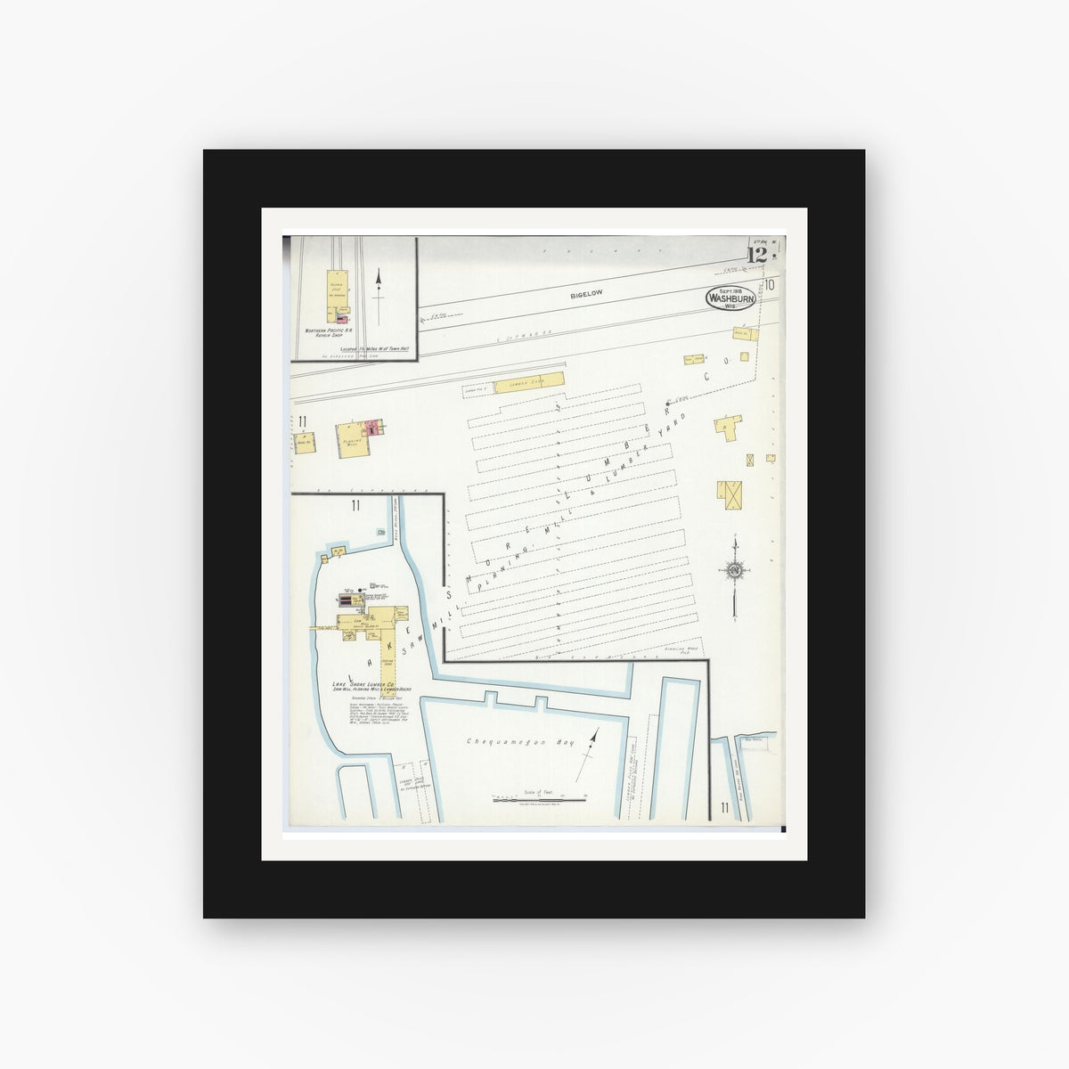 Old map wall art mockup — black gallery frame with white mat — Sanborn Fire Insurance Map from Washburn, Bayfield County, Wisconsin (1918), Sheet #0012