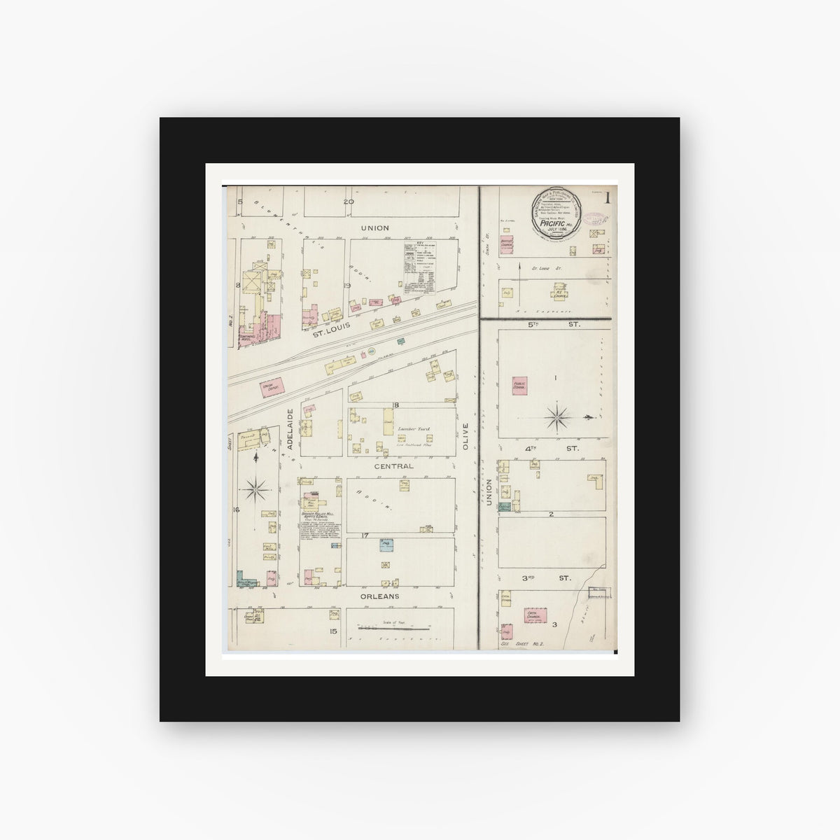 Old map wall art mockup — black gallery frame with white mat — Sanborn Fire Insurance Map from Pacific, Franklin County, Missouri (1886) - Complete Map Set
