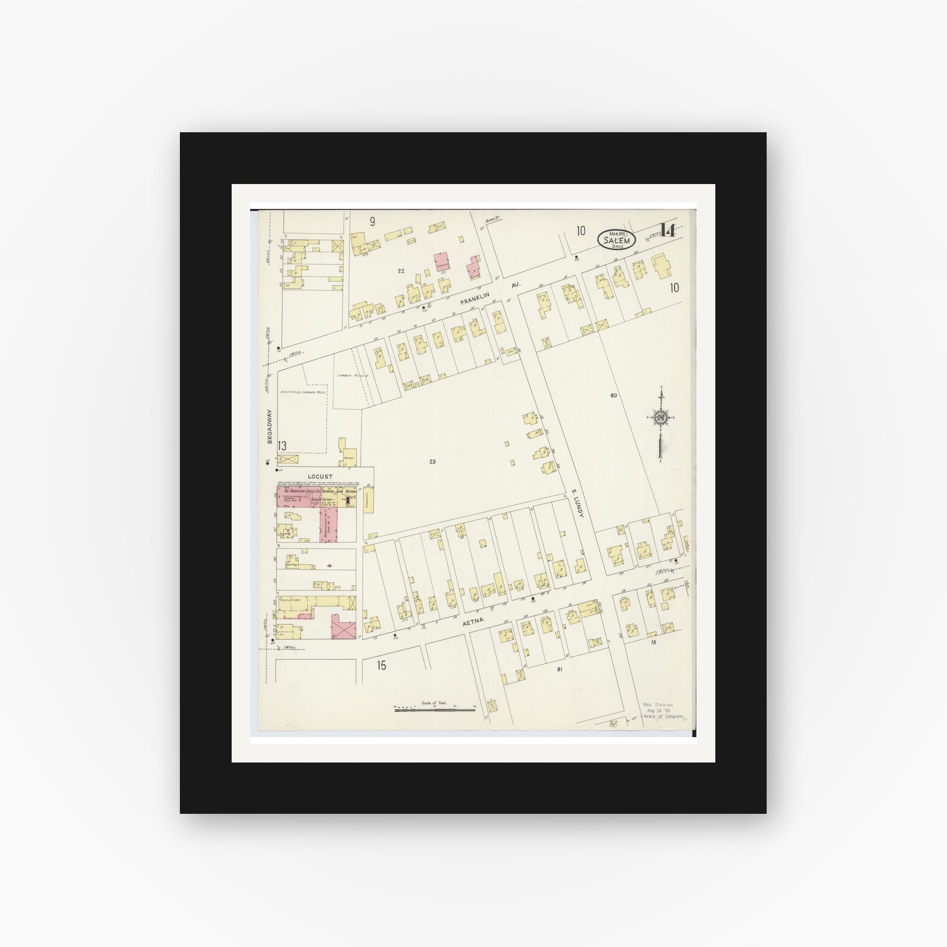 Old map wall art mockup — black gallery frame with white mat — Sanborn Fire Insurance Map from Salem, Columbiana County, Ohio (1915), Sheet #0014