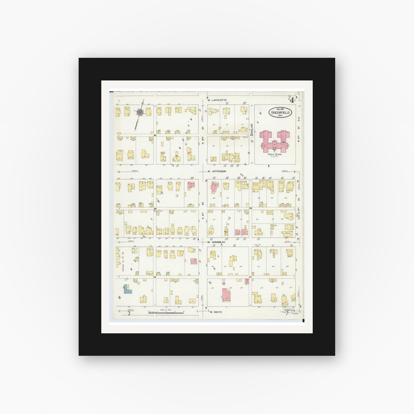 Old map wall art mockup — black gallery frame with white mat — Sanborn Fire Insurance Map from Greenfield, Highland County, Ohio (1910), Sheet #0004