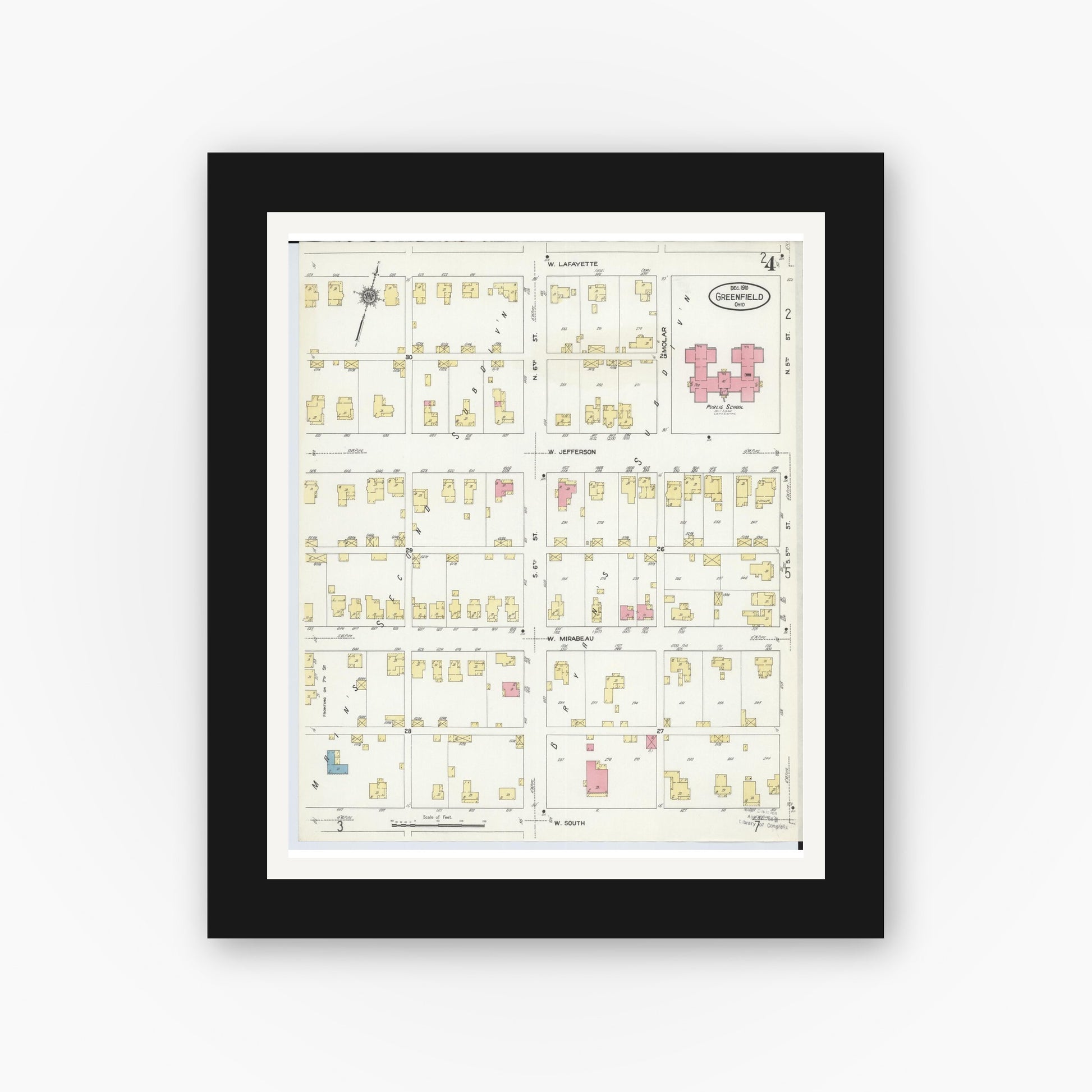 Old map wall art mockup — black gallery frame with white mat — Sanborn Fire Insurance Map from Greenfield, Highland County, Ohio (1910), Sheet #0004