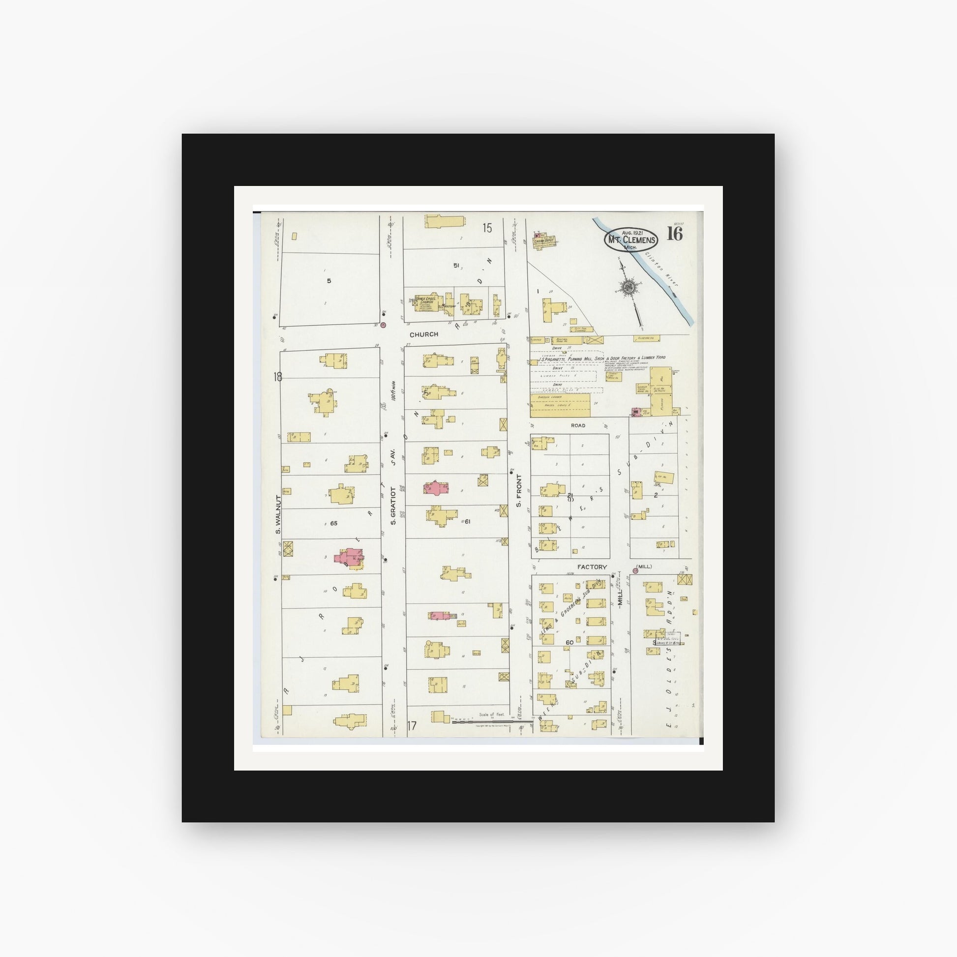 Old map wall art mockup — black gallery frame with white mat — Sanborn Fire Insurance Map from Mount Clemens, Macomb County, Michigan (1921), Sheet #0016