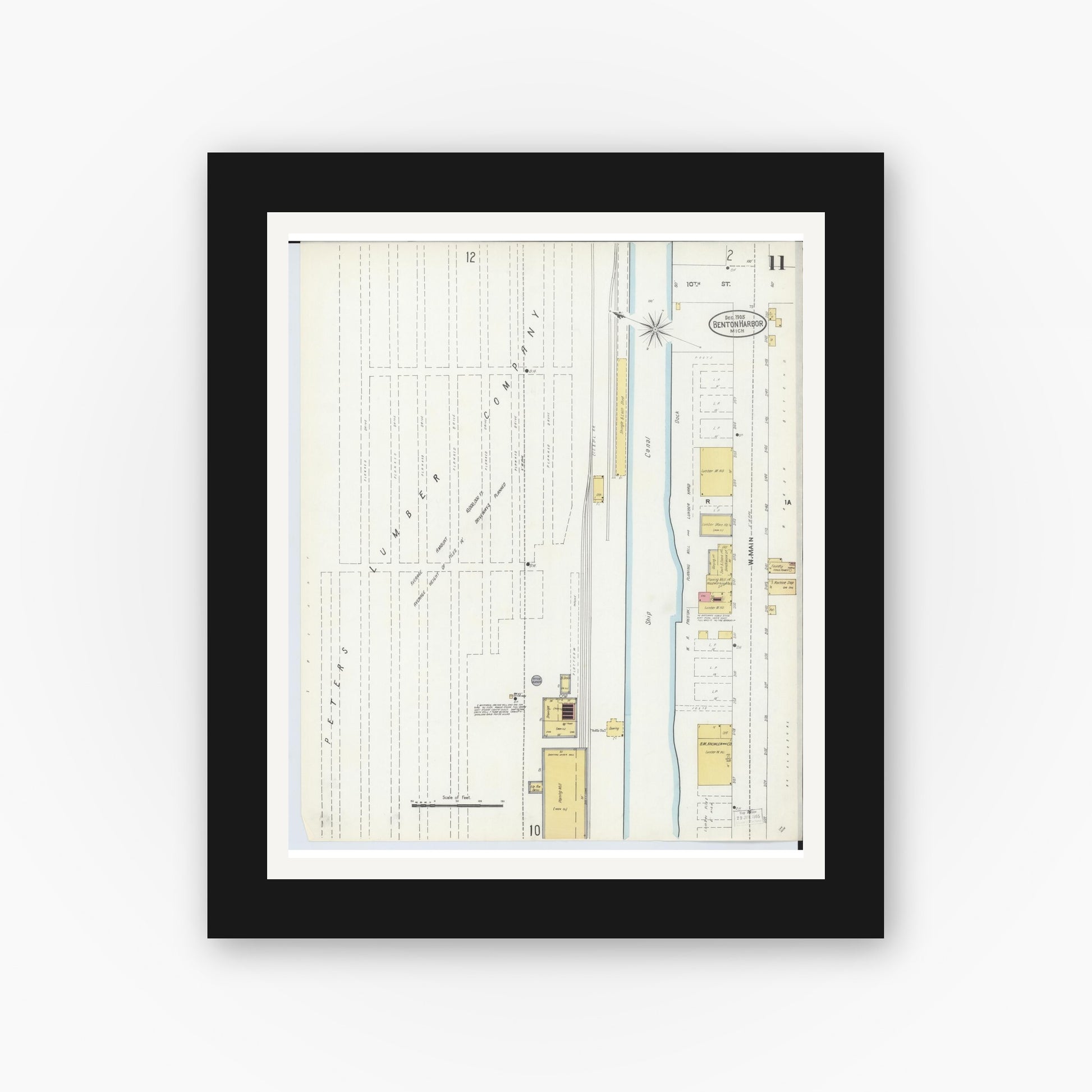 Old map wall art mockup — black gallery frame with white mat — Sanborn Fire Insurance Map from Benton Harbor, Berrien County, Michigan (1905), Sheet #0011