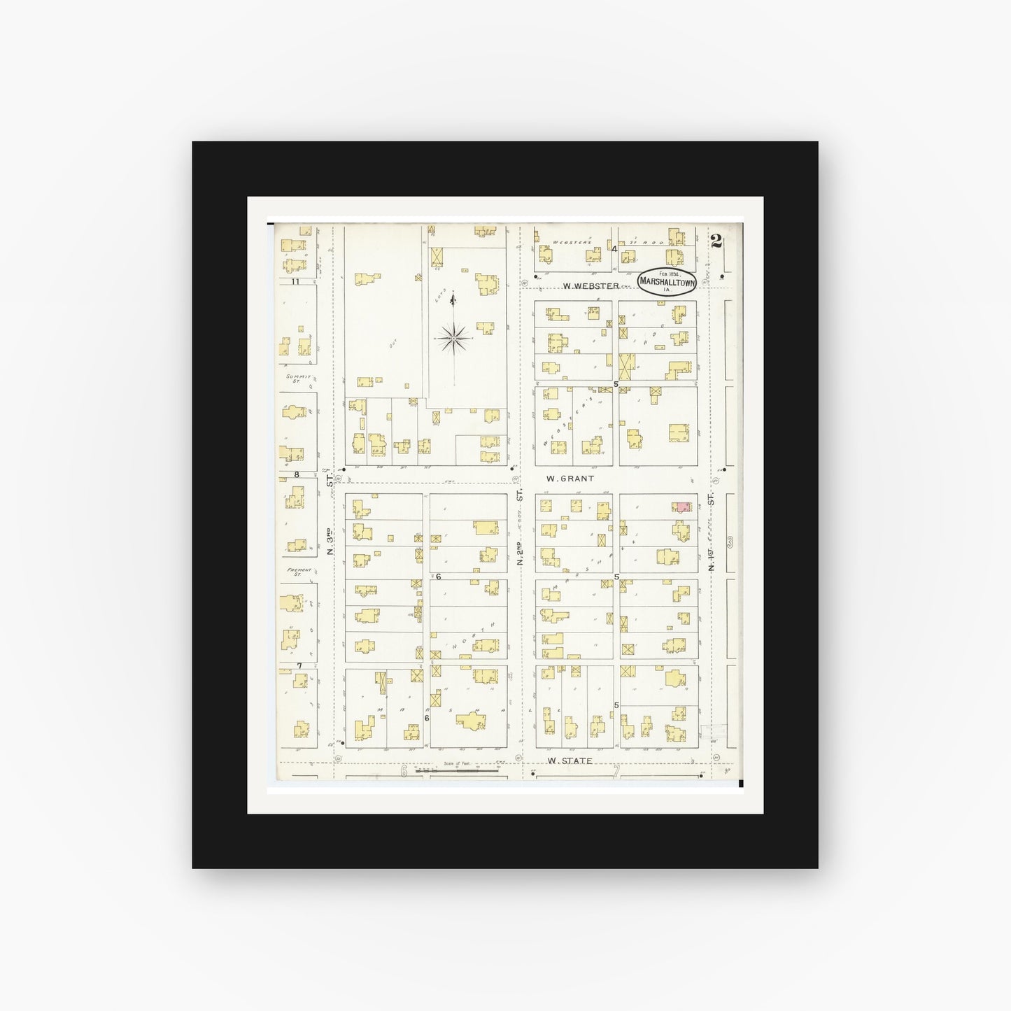 Old map wall art mockup — black gallery frame with white mat — Sanborn Fire Insurance Map from Marshalltown, Marshall County, Iowa (1894), Sheet #0002