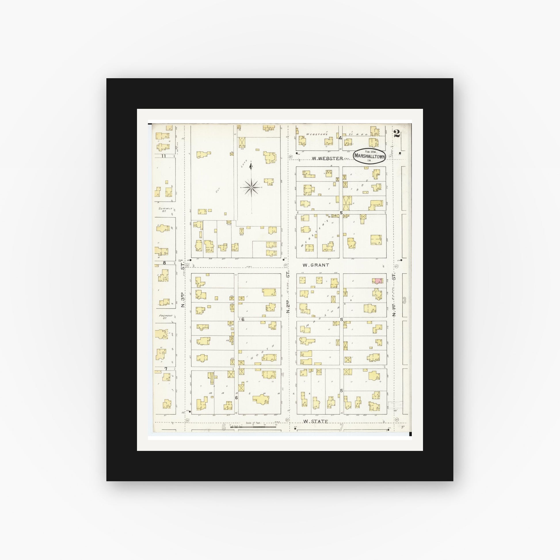 Old map wall art mockup — black gallery frame with white mat — Sanborn Fire Insurance Map from Marshalltown, Marshall County, Iowa (1894), Sheet #0002