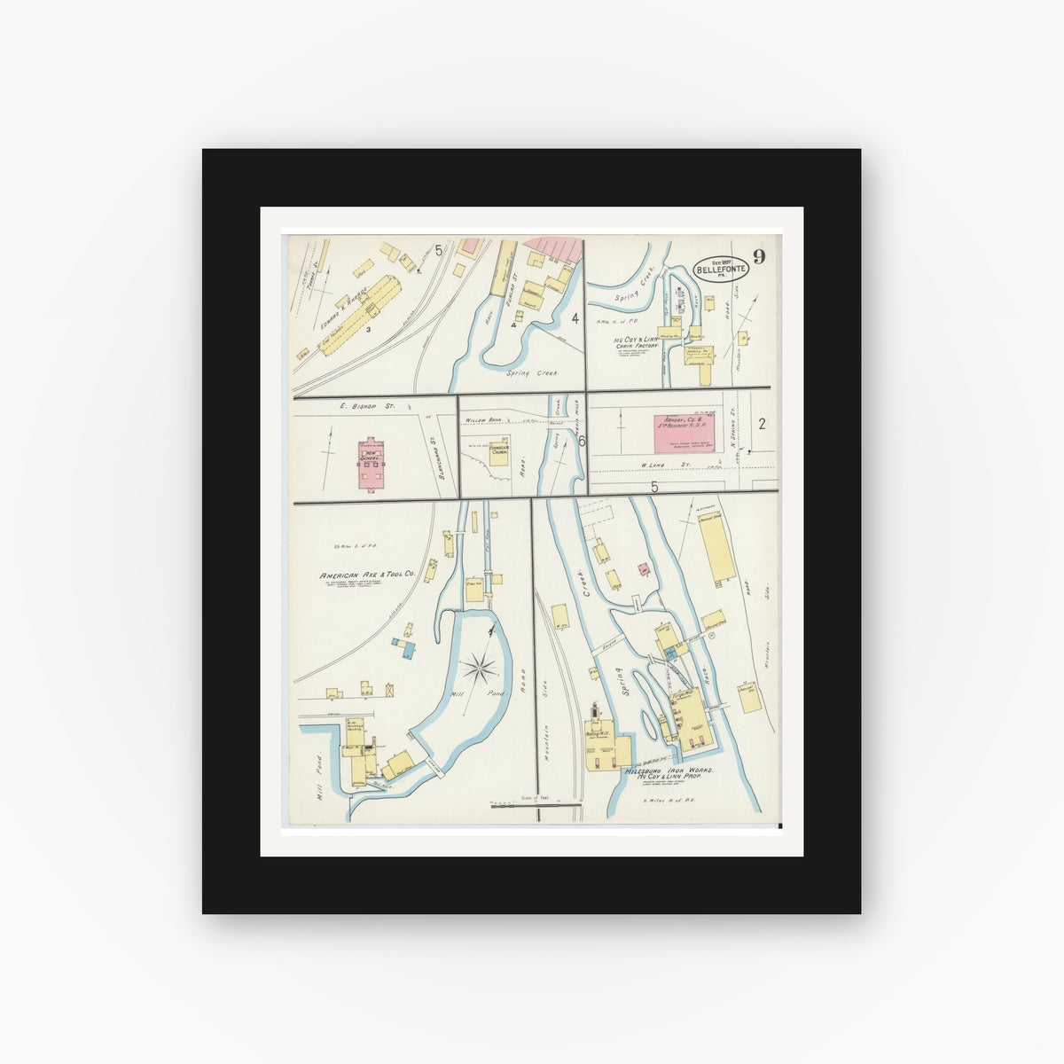 Old map wall art mockup — black gallery frame with white mat — Sanborn Fire Insurance Map from Bellefonte, Centre County, Pennsylvania (1897), Sheet #0009