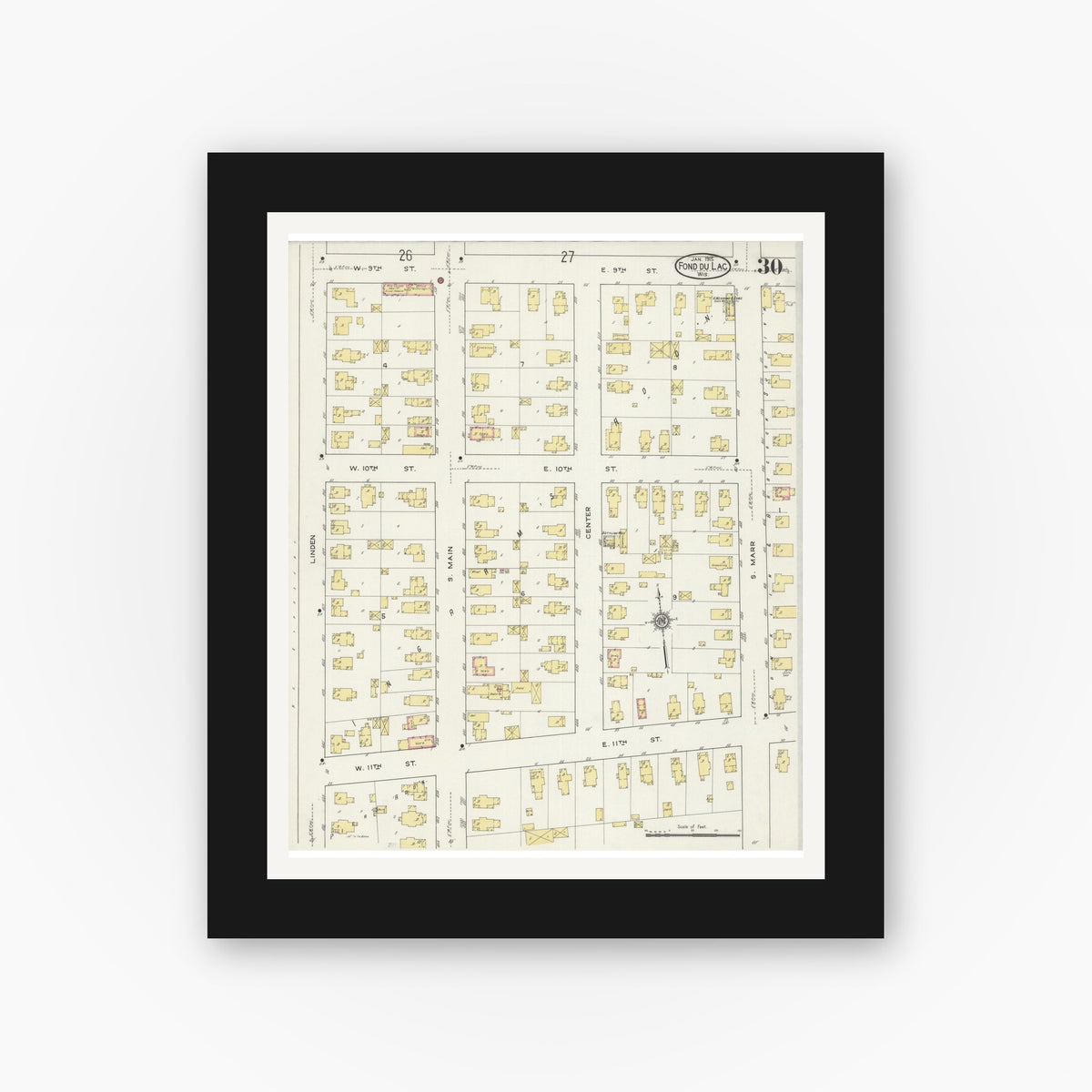 Old map wall art mockup — black gallery frame with white mat — Sanborn Fire Insurance Map from Fond du Lac, Fond du Lac County, Wisconsin (1915), Sheet #0030