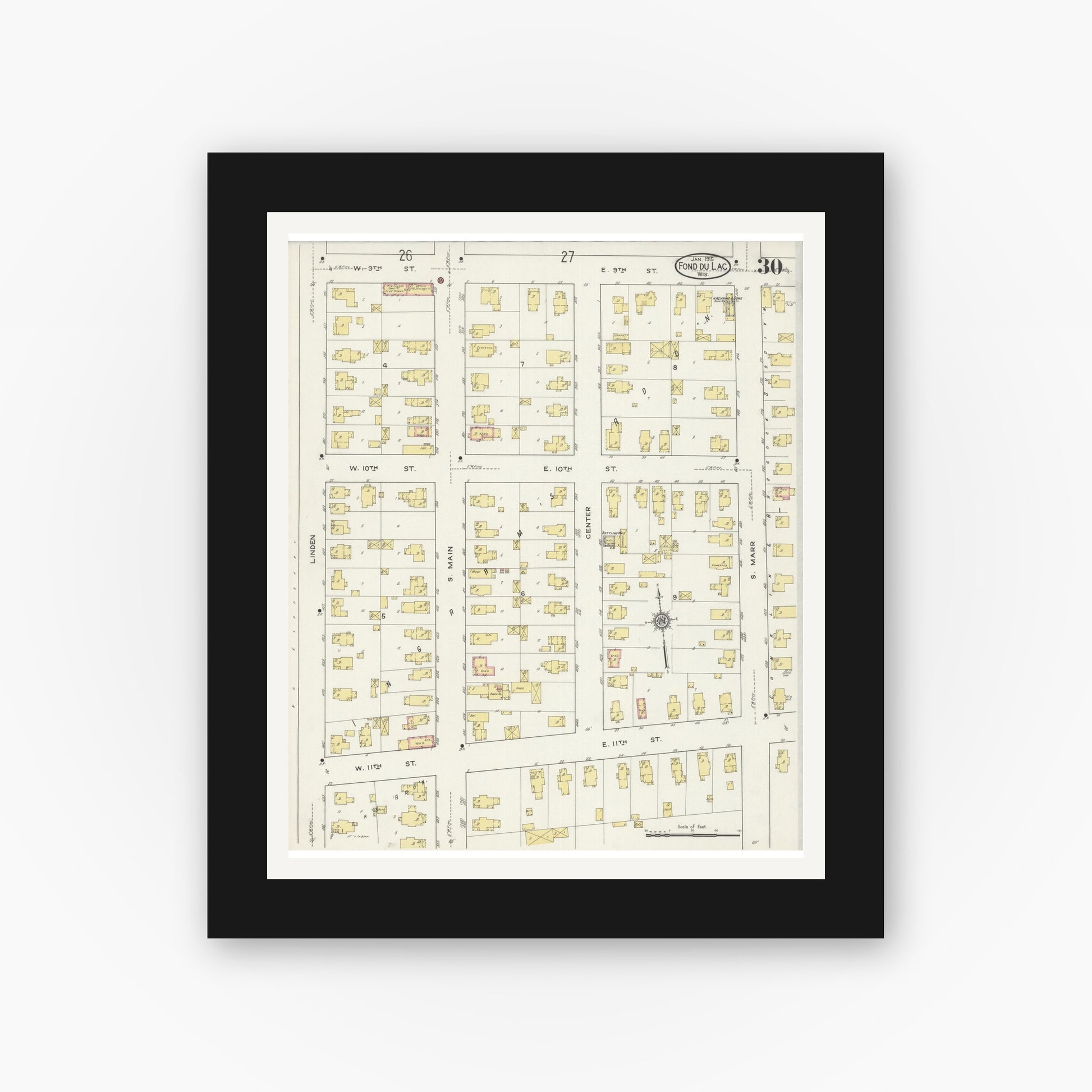 Old map wall art mockup — black gallery frame with white mat — Sanborn Fire Insurance Map from Fond du Lac, Fond du Lac County, Wisconsin (1915), Sheet #0030