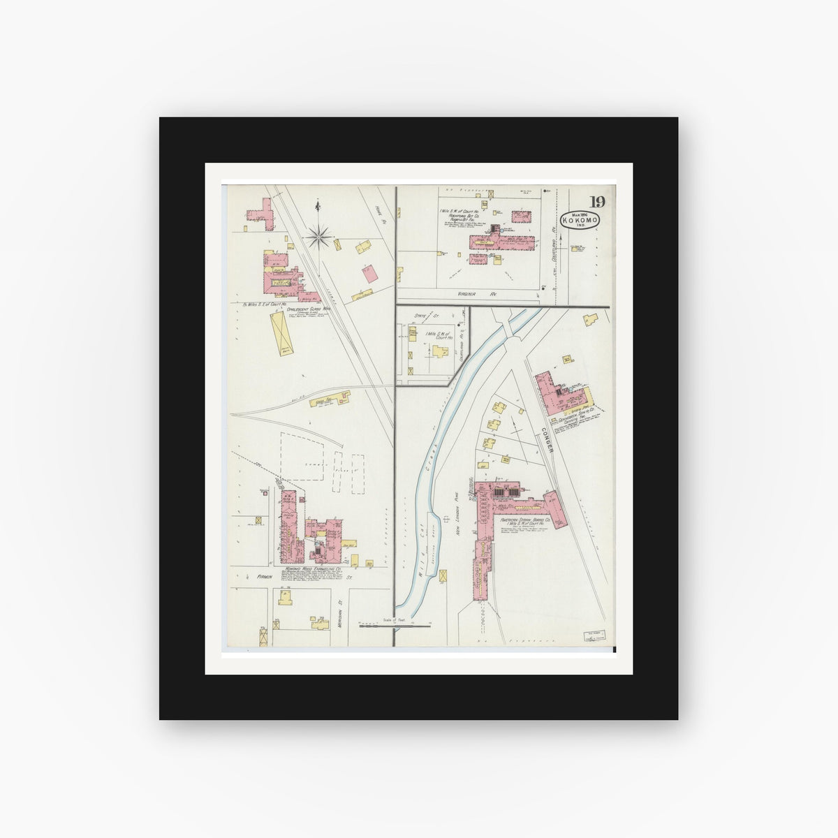 Old map wall art mockup — black gallery frame with white mat — Sanborn Fire Insurance Map from Kokomo, Howard County, Indiana (1896), Sheet #0019